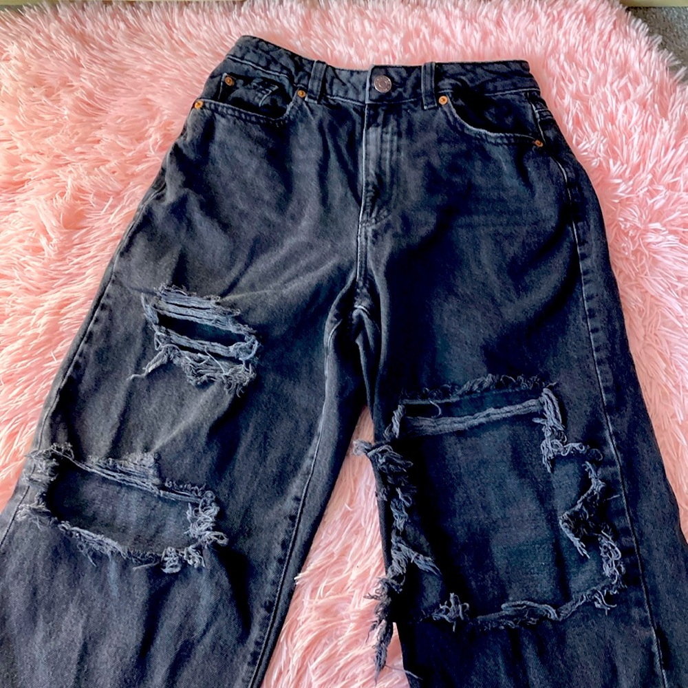 Garage destroyed denim black wide leg jeans